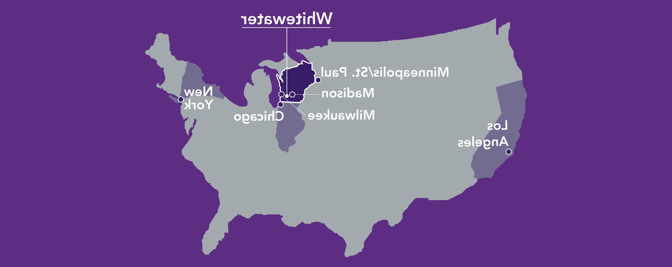 A graphic of the United States showing locations for Los Angeles, Minneapolis, Madison, Milwaukee, Chicago, Whitewater and New York.